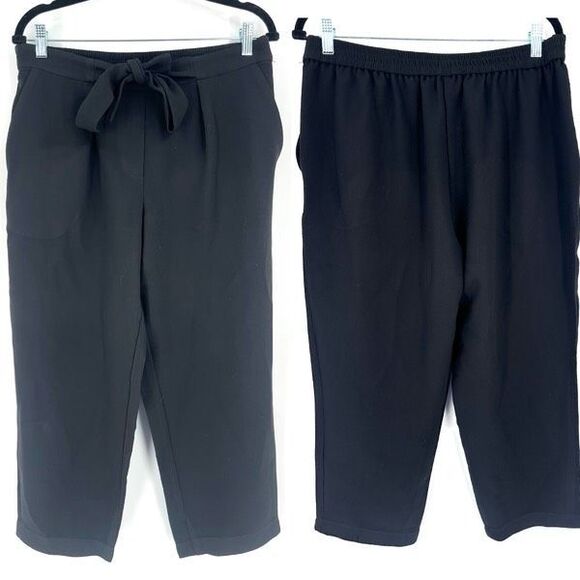 BCBG Tie Waist Wide Leg Pull On Black Cropped Pants Culottes Size Large Hi Rise - Picture 2 of 10